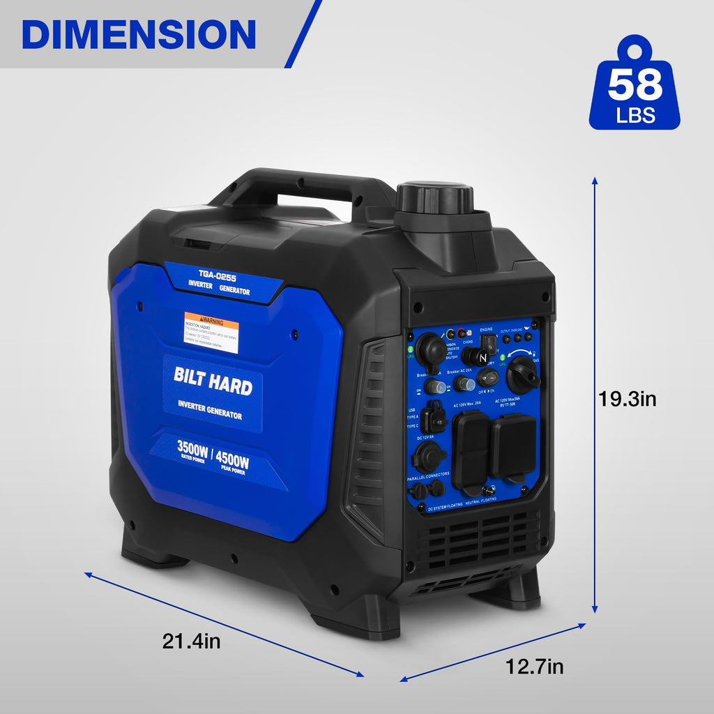 BILT HARD Gas Generator 2500W, 80cc 4 Stroke Quiet Inverter Generator with CO Sensor, Parallel Ready,120V AC Duplex Receptacle and 12V DC Output