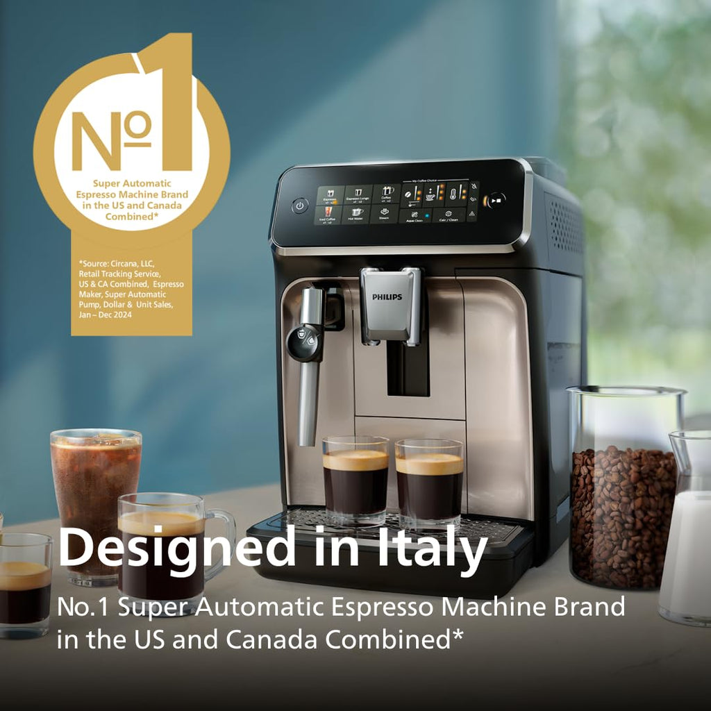 Philips 3300 Series Fully Automatic Espresso Machine with LatteGo Milk System and integrated grinder, 6 Hot & Iced Coffee Pre-Sets, 40% Quieter