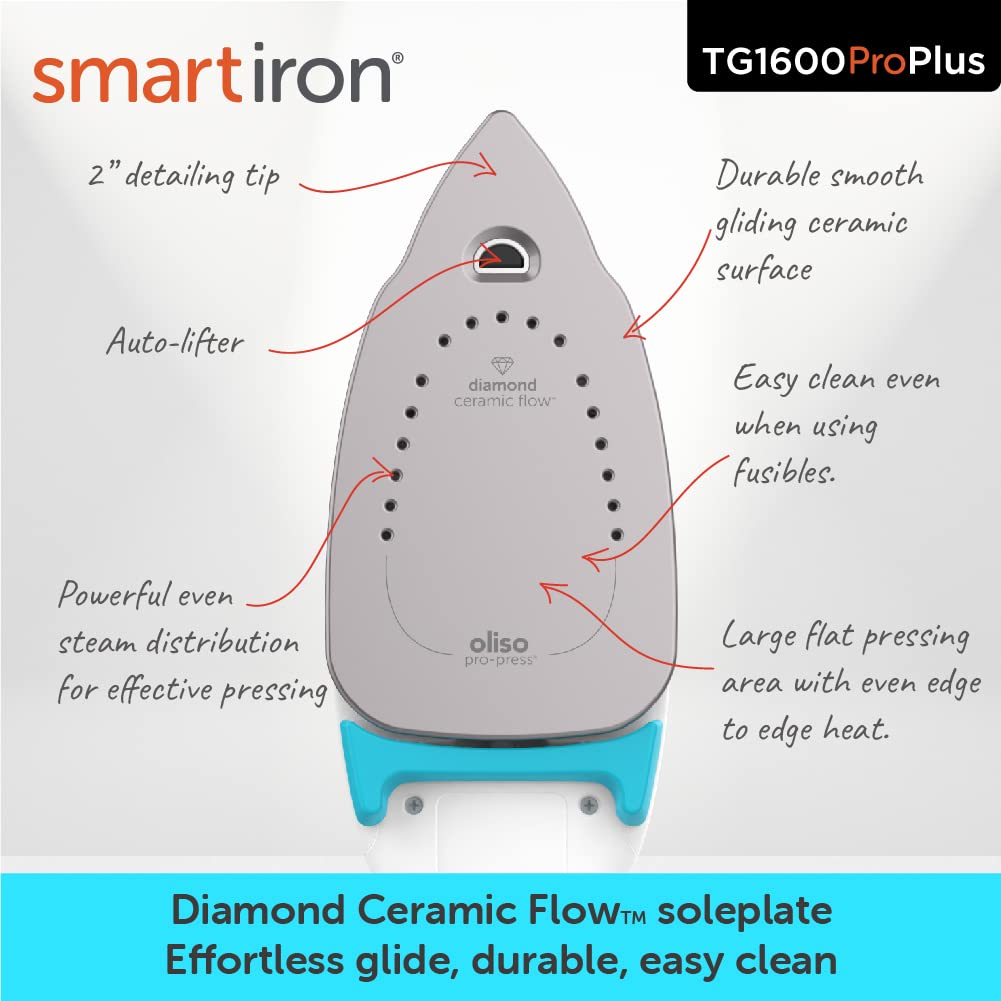oliso TG1600 ProPlus Smart Iron with Auto-Lift C 1800 Watt Steam Iron for Clothes, Sewing, Quilting & Crafting C Diamond Ceramic-Flow Soleplate