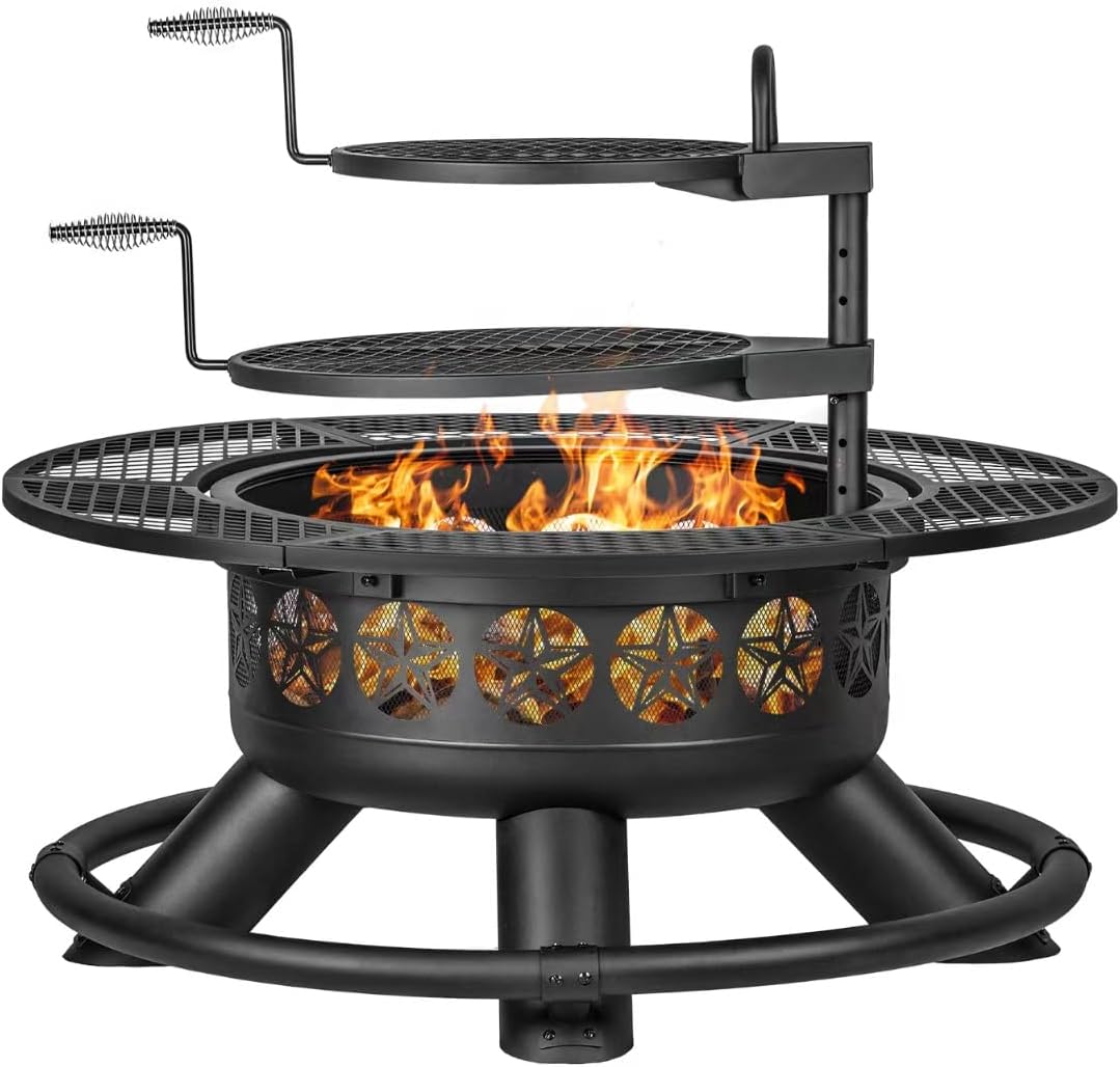 47 Inch Outdoor Fire Pit with 2 Grills, Extra Large BBQ Firepits for Outside, Metal Round Fire pits with Lid&Fire Poker,3 in 1 Wood Burning Outdoor