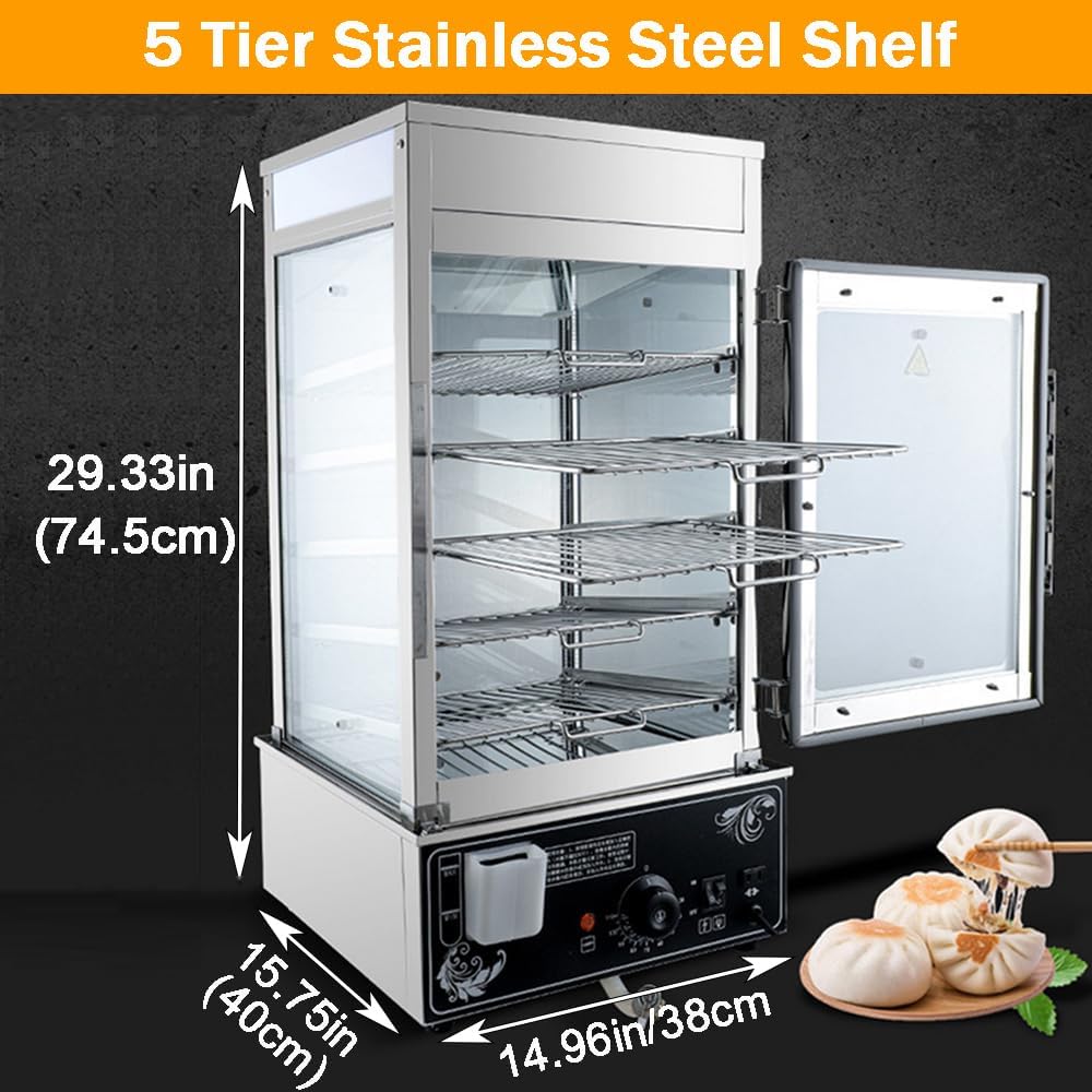INTBUYING Commerical Bun Steamer Machine 110V Electric Hot Food Warmer Display Case Hot Dog Steamer Warmer with 5 Layers Automatic Temperature