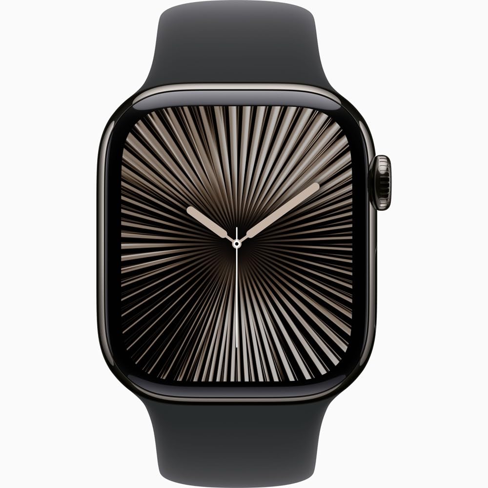 Apple Watch Series 10 [GPS + Cellular, 42mm] - Jet Black Aluminum Case with Black Sport Band, S/M (Renewed)