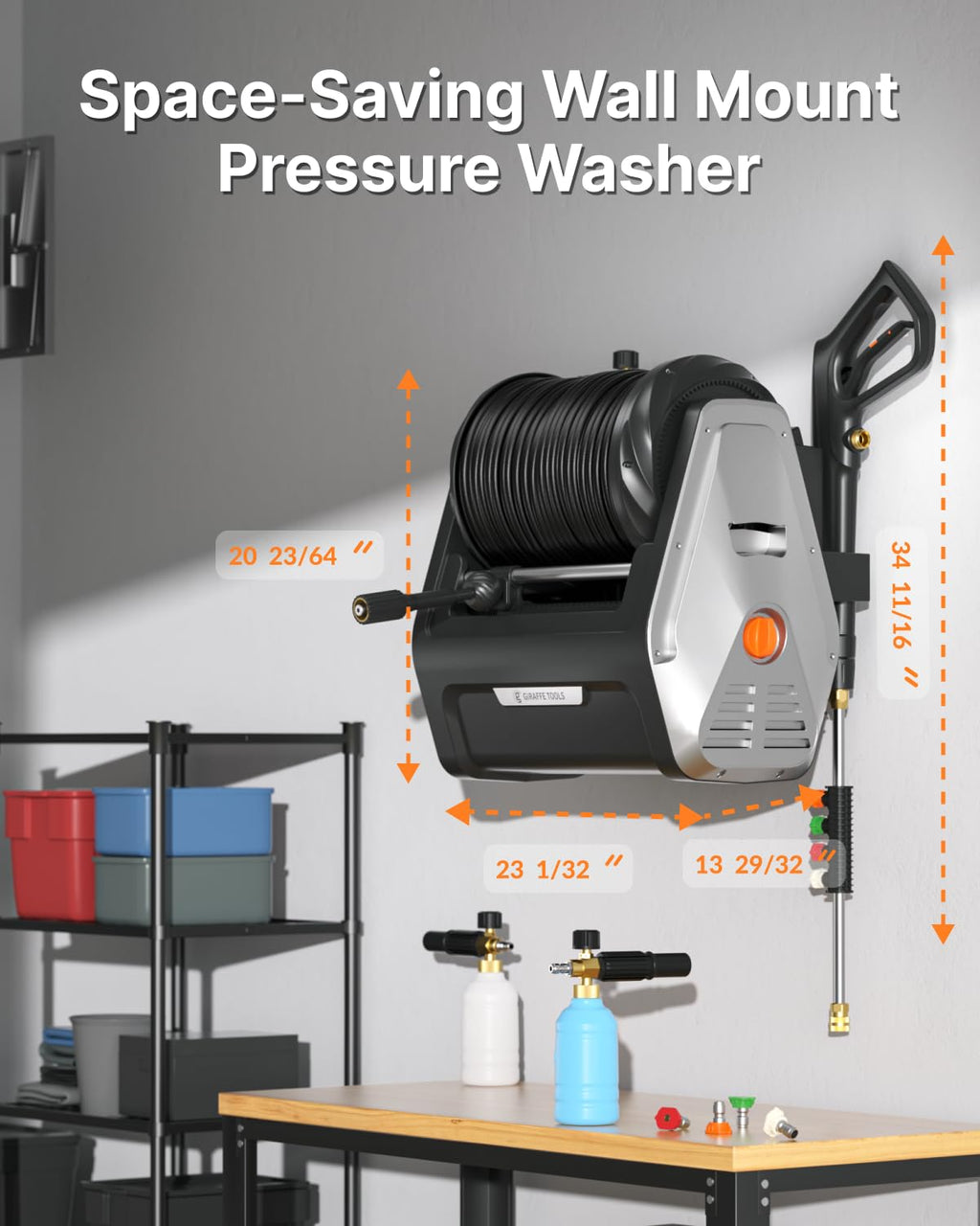 Giraffe Tools Wall Mounted Pressure Washer G30 with Upgraded 1800W Motor, Max 2900 PSI, 2.2 GPM Electric Power Washer with 100ft Retractable Black