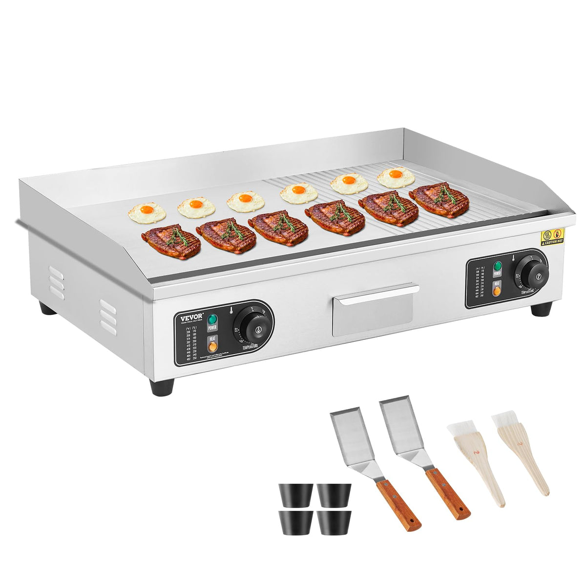 VEVOR Upgraded Commercial Electric Griddle, 2800W Stainless Steel Countertop Flat Top Grill, 26'' Griddle Grill with 2 Shovels and 2 Brushes, 122H