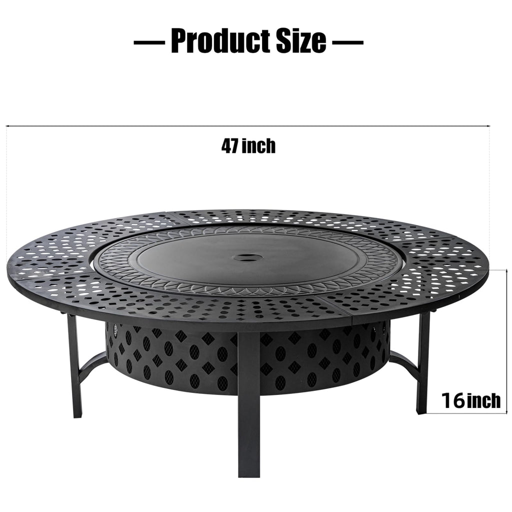 47 Inch Fire Pit with 2 Grills, Wood Burning Fire Pits for Outside with Lid & Poker, BBQ& Outdoor Firepit & Round Metal Table 3 in 1 for Patio
