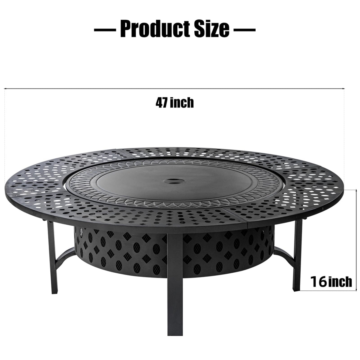 47 Inch Fire Pit with 2 Grills, Wood Burning Fire Pits for Outside with Lid & Poker, BBQ& Outdoor Firepit & Round Metal Table 3 in 1 for Patio