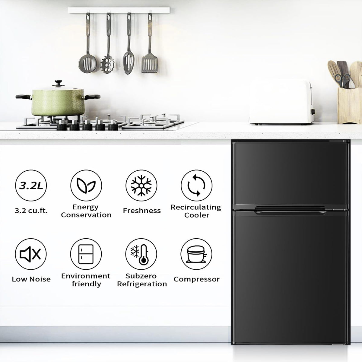 Antarctic Star Compact Refrigerator,3.2 Cu.Ft. Mini Separate Freezer Double 2-Door,Adjustable Removable Shelves for Basement,Apartment,Dorm,Office