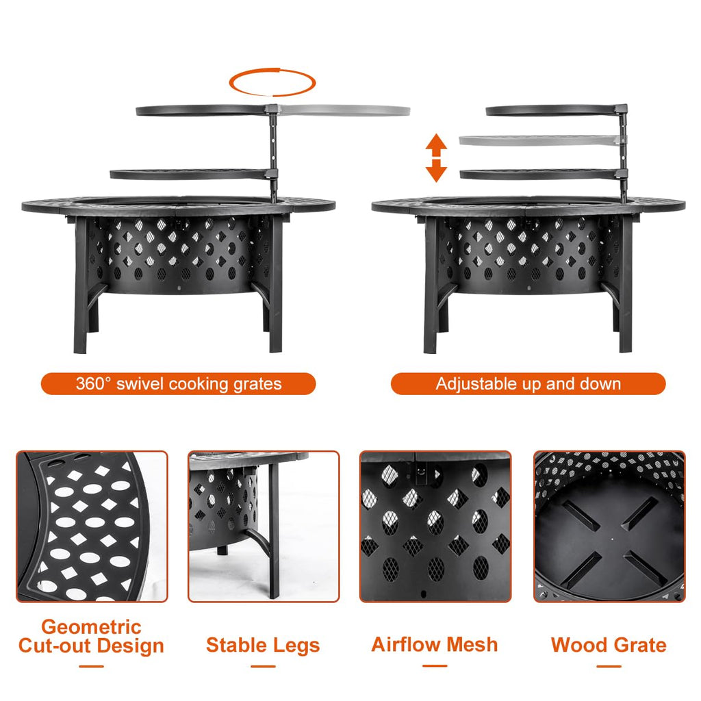 47 Inch Fire Pit with 2 Grills, Wood Burning Fire Pits for Outside with Lid & Poker, BBQ& Outdoor Firepit & Round Metal Table 3 in 1 for Patio