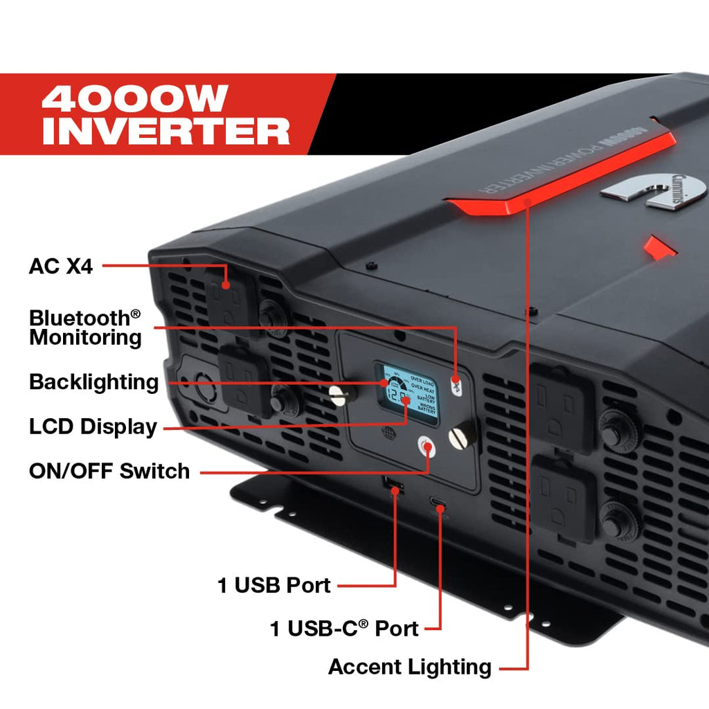 Cummins 5000 Watts Inverter Modified Sine Wave Truck Inverter 12 Volts to 110 Volts Four AC Outlets Two USB Ports (Plus Cable Kit)- CMN5000W