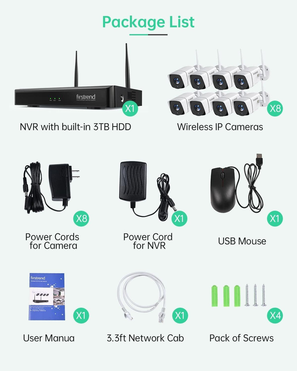 Security Camera System Wireless,Firstrend 1080P 8CH Wireless Home Security Systems with 4 pcs 2MP Full HD Cameras 1TB HDD Night Vision Motion
