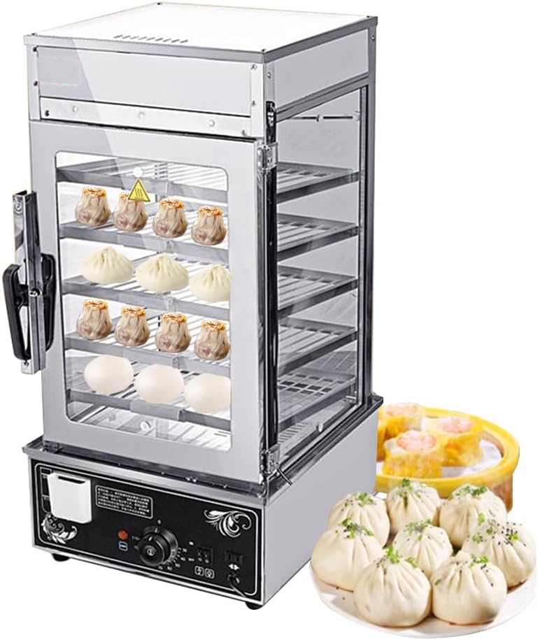 INTBUYING Commerical Bun Steamer Machine 110V Electric Hot Food Warmer Display Case Hot Dog Steamer Warmer with 5 Layers Automatic Temperature