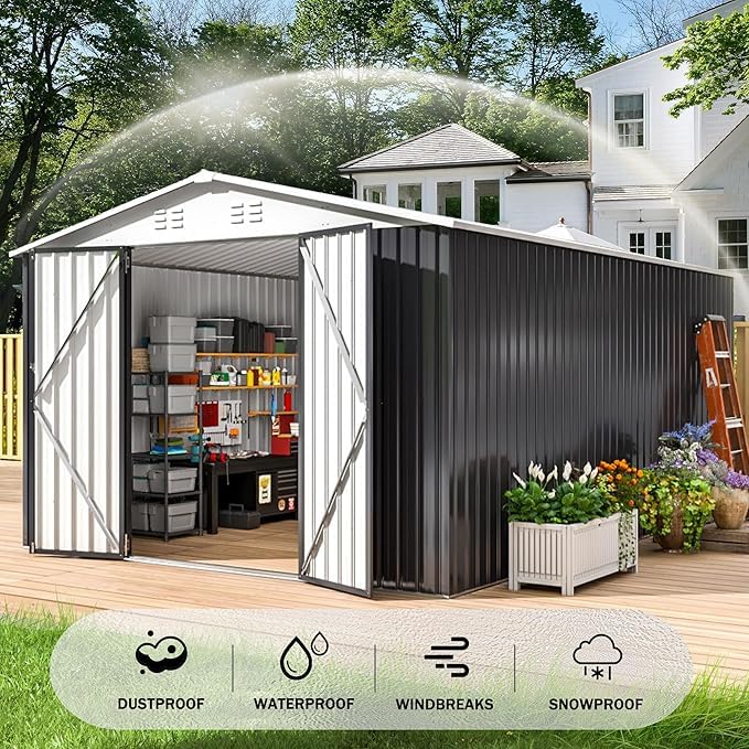 Polar Aurora 12x14 FT Outdoor Storage Shed, Garden Shed with Updated Frame Structure and Lockable Doors, Metal Tool Sheds for Backyard Garden Patio