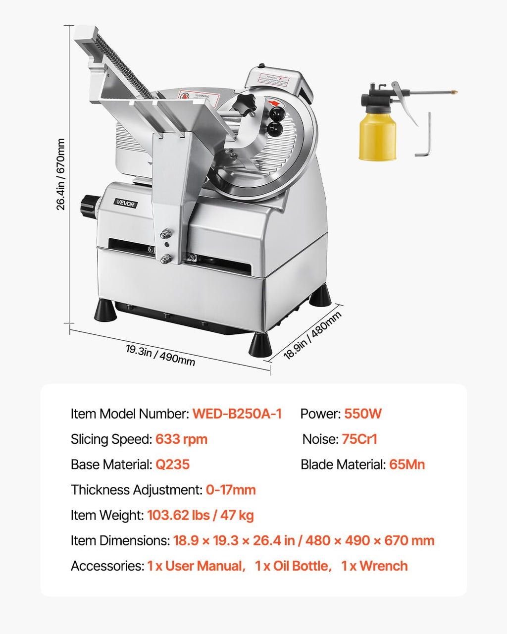 VEVOR Commercial Meat Slicer, 10 inch Electric Food Slicer, 240W Frozen Meat Deli Slicer, Premium Chromium-plated Steel Blade Semi-Auto Meat Slicer