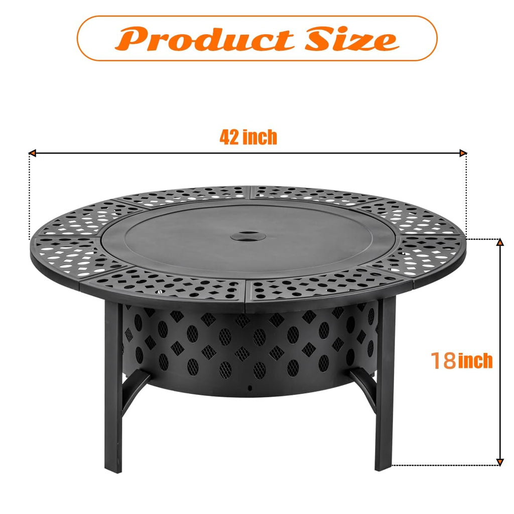 47 Inch Fire Pit with 2 Grills, Wood Burning Fire Pits for Outside with Lid & Poker, BBQ& Outdoor Firepit & Round Metal Table 3 in 1 for Patio