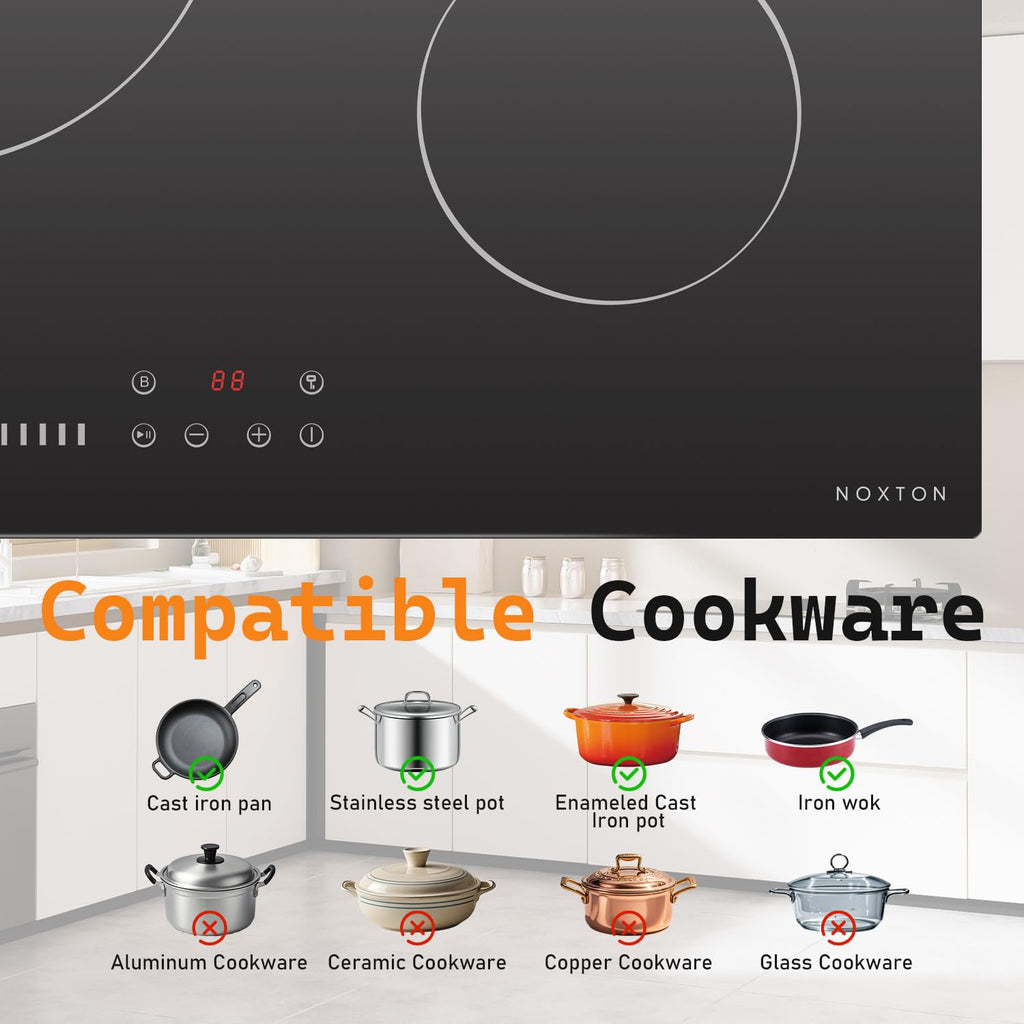 Noxton 24 Inch Induction Cooktop, 4 Burners Electric Cooktop, Upgraded Induction Stovetop with Flex Zone, Power Boost, Pause, 9 Power Levels, Child