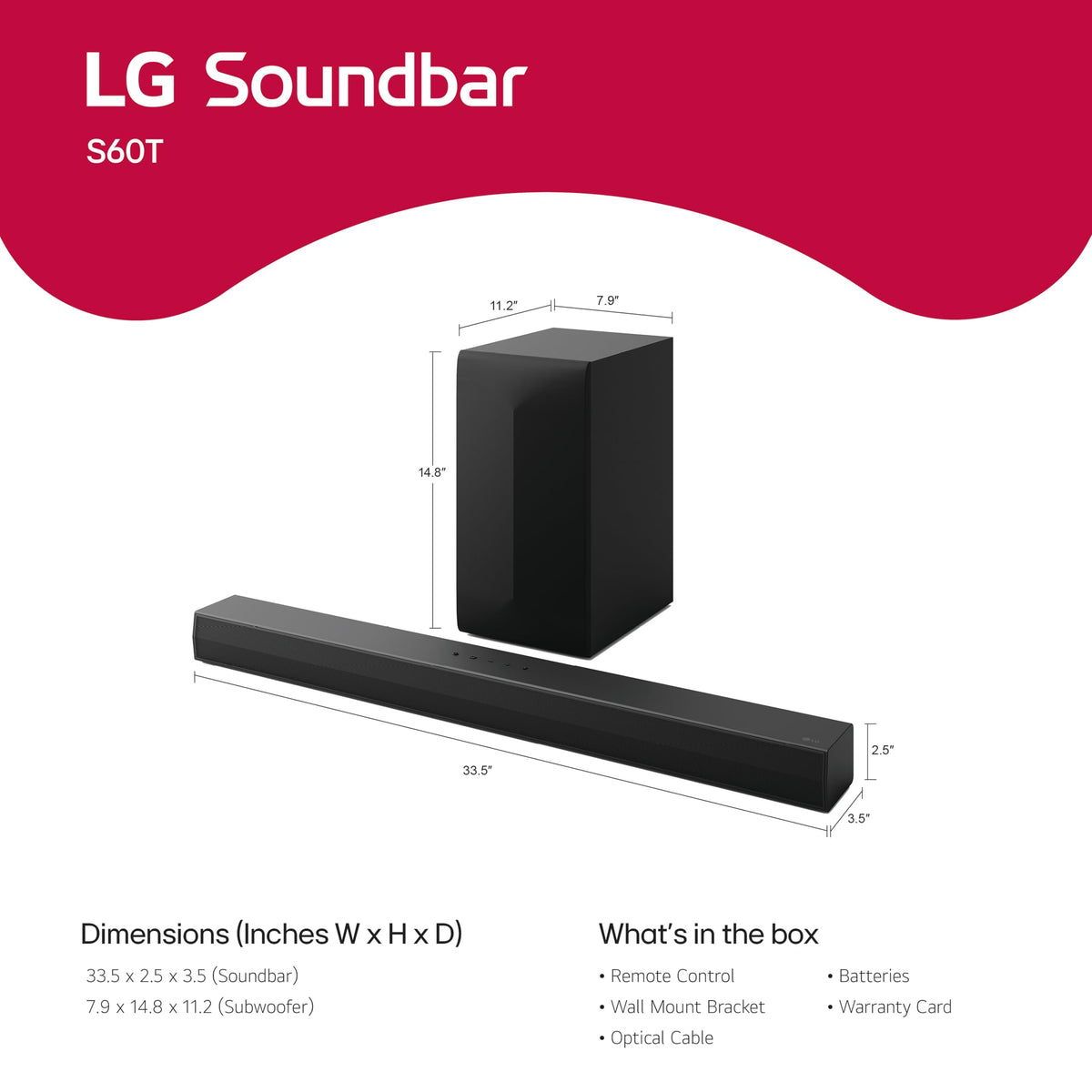 LG S60T 3.1 ch. Soundbar with Wireless Subwoofer, Dolby Audio, TV Synergy, Wow Interface, AI Sound Pro (2024 Model)