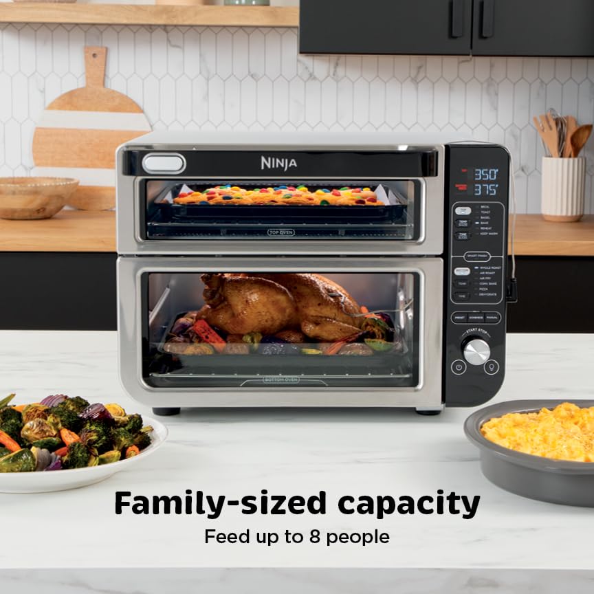 Ninja DCT451 12-in-1 Smart Double Oven with FlexDoor, Thermometer, FlavorSeal, Smart Finish, Rapid Top Convection and Air Fry Bottom , Stainless Steel