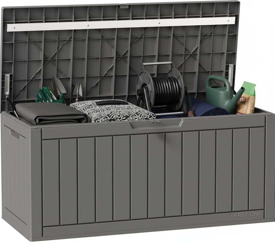 EAST OAK Outdoor Storage Box, 180 Gallon Deck Box, Large Resin Storage Bin for Patio Cushions, Gardening Tools, Lockable, Waterproof and UV Resistant