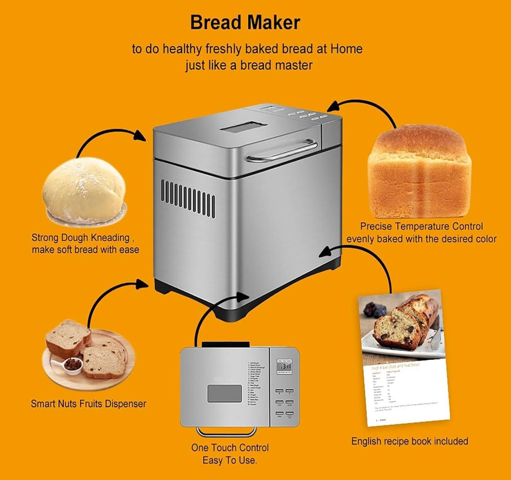 Stainless Steel Bread Maker, Fully Automatic Bread Maker with Automatic nut Dispenser, 17 Program Settings