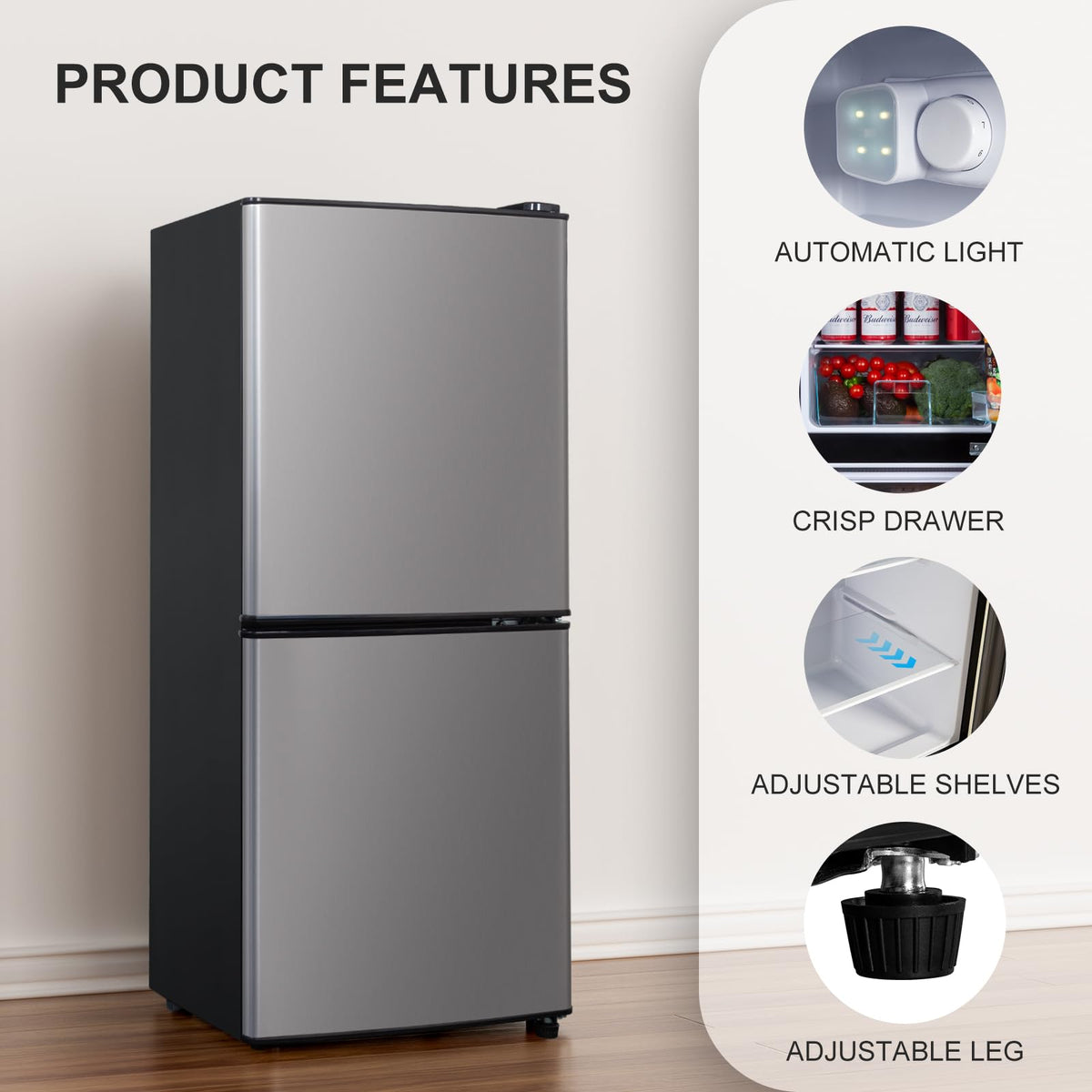 4.2 Cu Ft Mini Fridge for Bedroom, 2 Door Small Fridge, 7 Level Thermostat, LED Light, Small Refrigerator for Bedroom, Office, Dorm