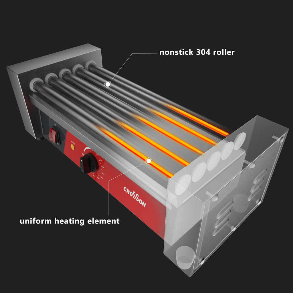 CROSSON 12 Hot Dog 5 Roller Grill Machine with Transparent Sneeze Guard,5 Nonstick 304SS Rollers Commercial Hot Dog Cooker Machine-120V, 750W