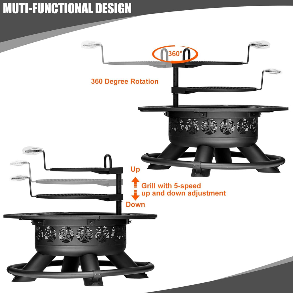 47 Inch Outdoor Fire Pit with 2 Grills, Extra Large BBQ Firepits for Outside, Metal Round Fire pits with Lid&Fire Poker,3 in 1 Wood Burning Outdoor