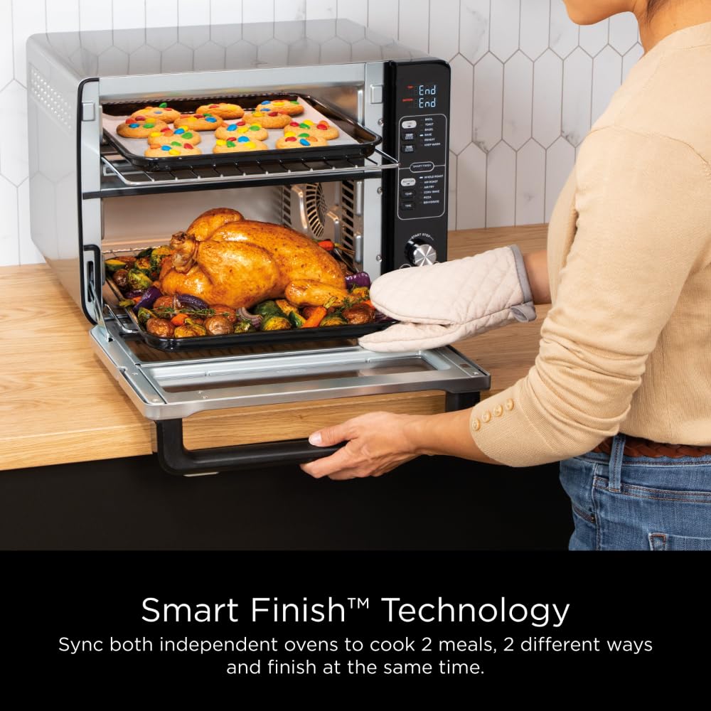 Ninja DCT451 12-in-1 Smart Double Oven with FlexDoor, Thermometer, FlavorSeal, Smart Finish, Rapid Top Convection and Air Fry Bottom , Stainless Steel