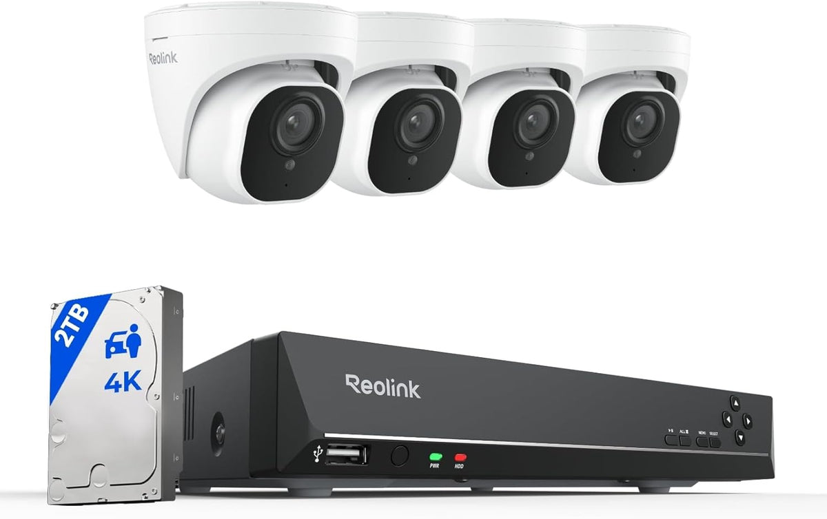 REOLINK 4K Security Camera System, 4pcs H.265 PoE Wired Turret Cameras with Person Vehicle Detection, 4K/8MP 8CH NVR with 2TB HDD for 24-7 Recording