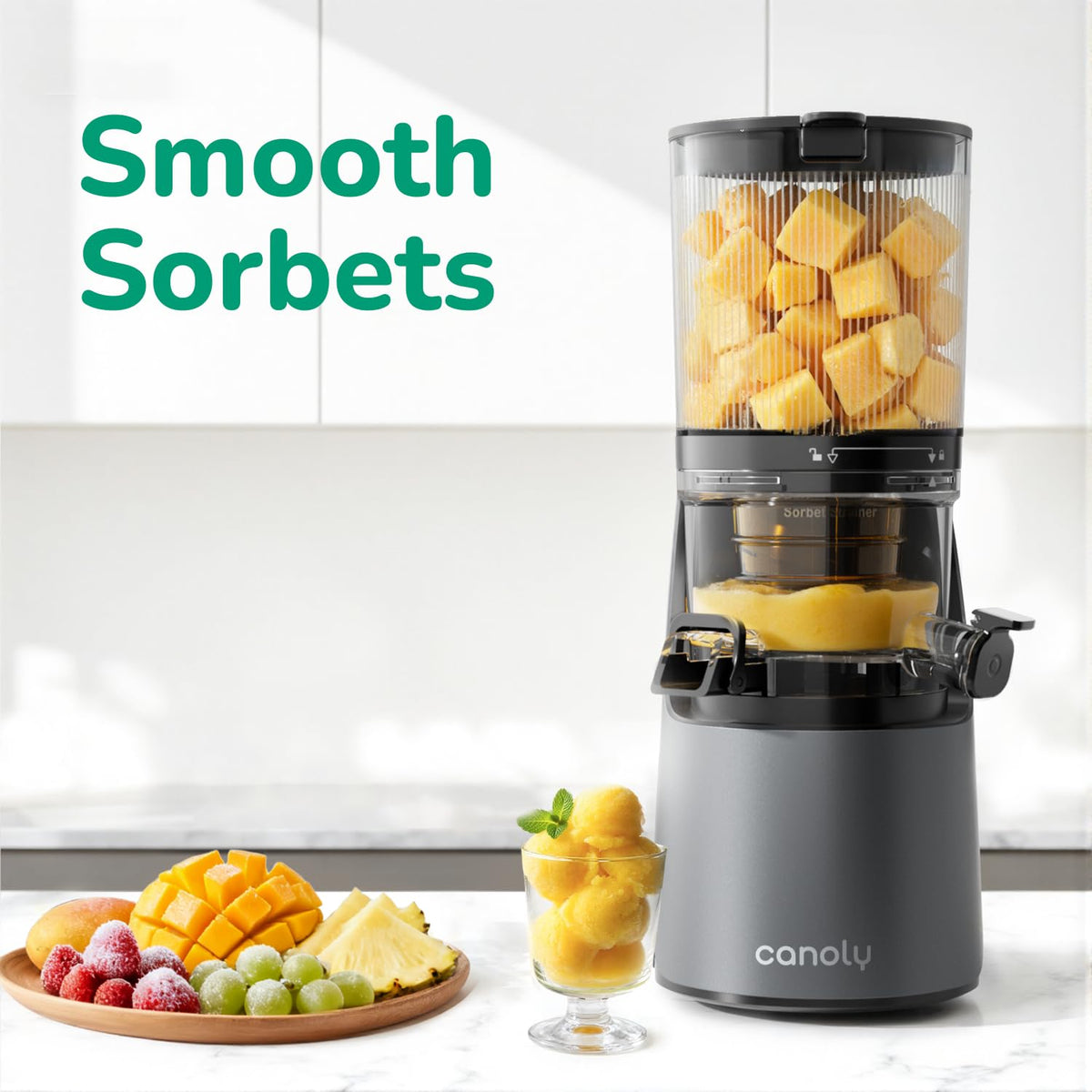 Canoly C16 Cold Press Juicer, with a 6" Wide Chute & Self-Precut, 3-in-1 Strainers (Juice & Sorbet & Nut Milk), BPA-Free Construction, Powered by a