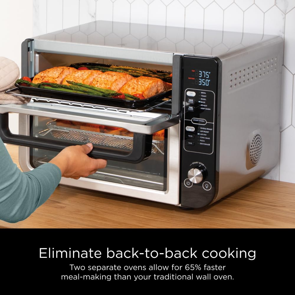 Ninja DCT451 12-in-1 Smart Double Oven with FlexDoor, Thermometer, FlavorSeal, Smart Finish, Rapid Top Convection and Air Fry Bottom , Stainless Steel