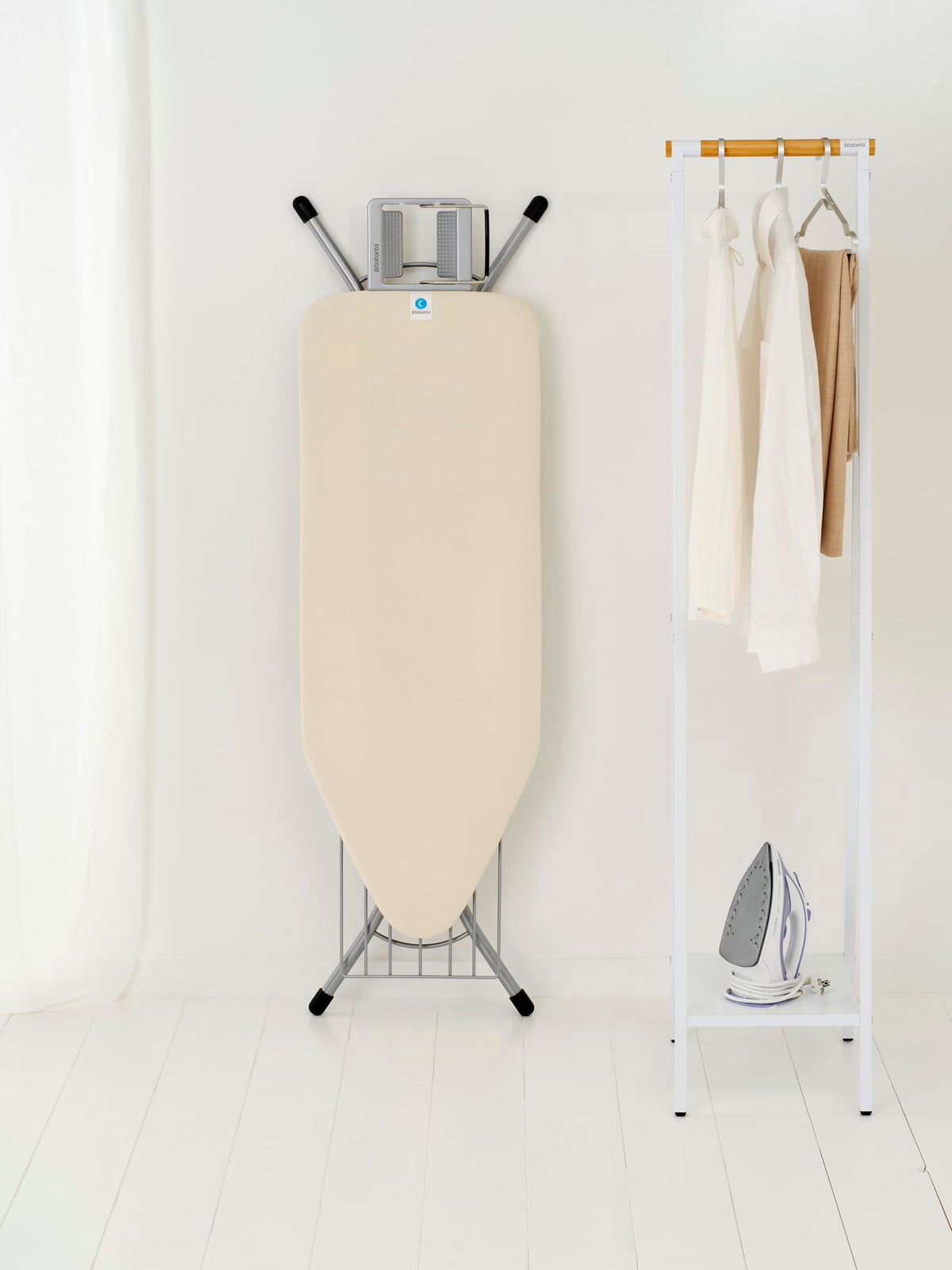 Brabantia Size C Ironing Board (49 x 18in) 7 Height Options, Adjustable Steam Iron Rest Holder & Linen Rack (Ecru) Non-Slip Feet, Anti-Collapse Child