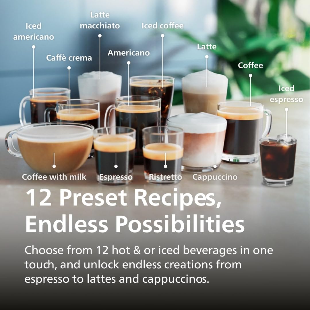 Philips 4400 Series Fully Automatic Espresso Machine, LatteGo Milk System, Integrated Grinder, 12 Hot & Iced Coffee Pre-Sets, Quick Start, SilentBrew