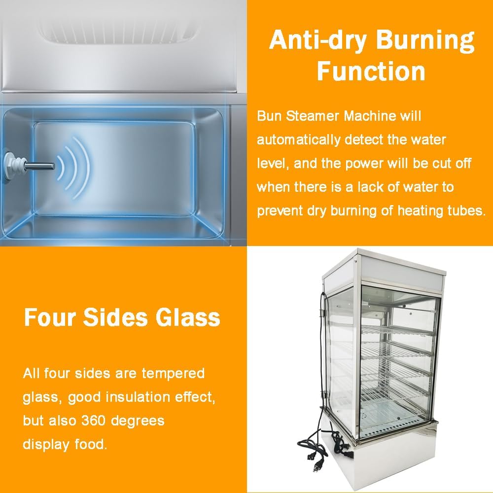 INTBUYING Commerical Bun Steamer Machine 110V Electric Hot Food Warmer Display Case Hot Dog Steamer Warmer with 5 Layers Automatic Temperature