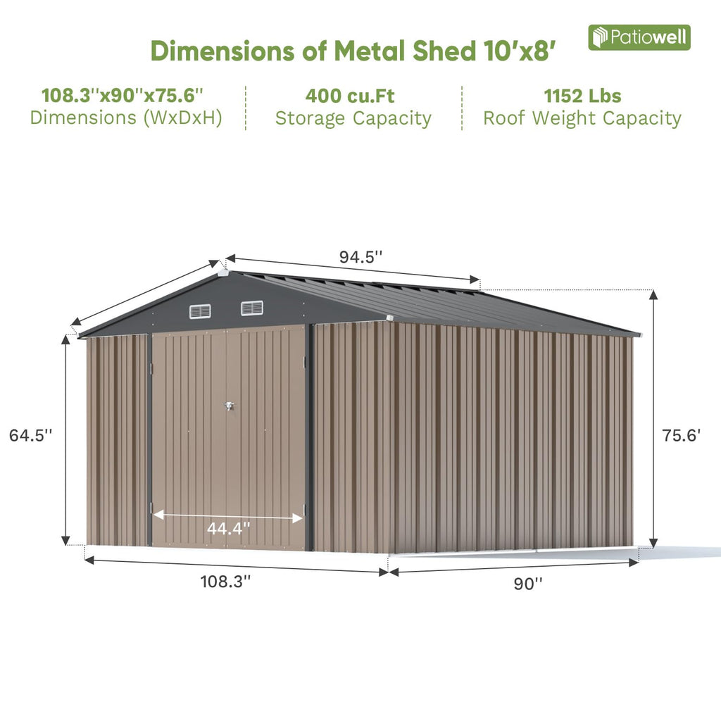 Patiowell 10 x 12 FT Metal Storage Shed for Outdoor, Steel Yard Shed with Design of Lockable Doors, Utility and Tool Storage for Garden, Backyard