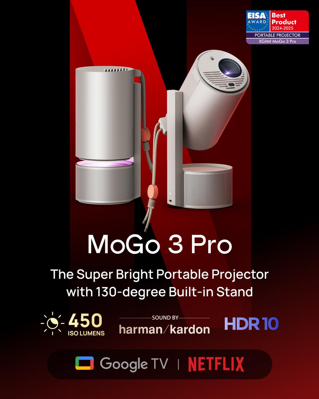 XGIMI MoGo 3 Pro NEW Outdoor Projector with PowerBase Stand, 2.5hrs Battery, Google TV with Licensed Netflix, Build-in Adjustable Stand, 450 ISO