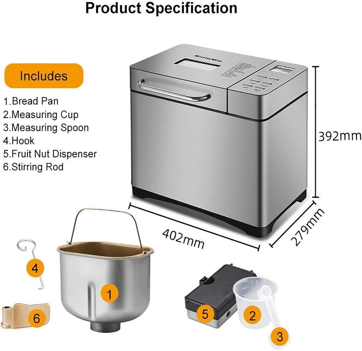 Stainless Steel Bread Maker, Fully Automatic Bread Maker with Automatic nut Dispenser, 17 Program Settings