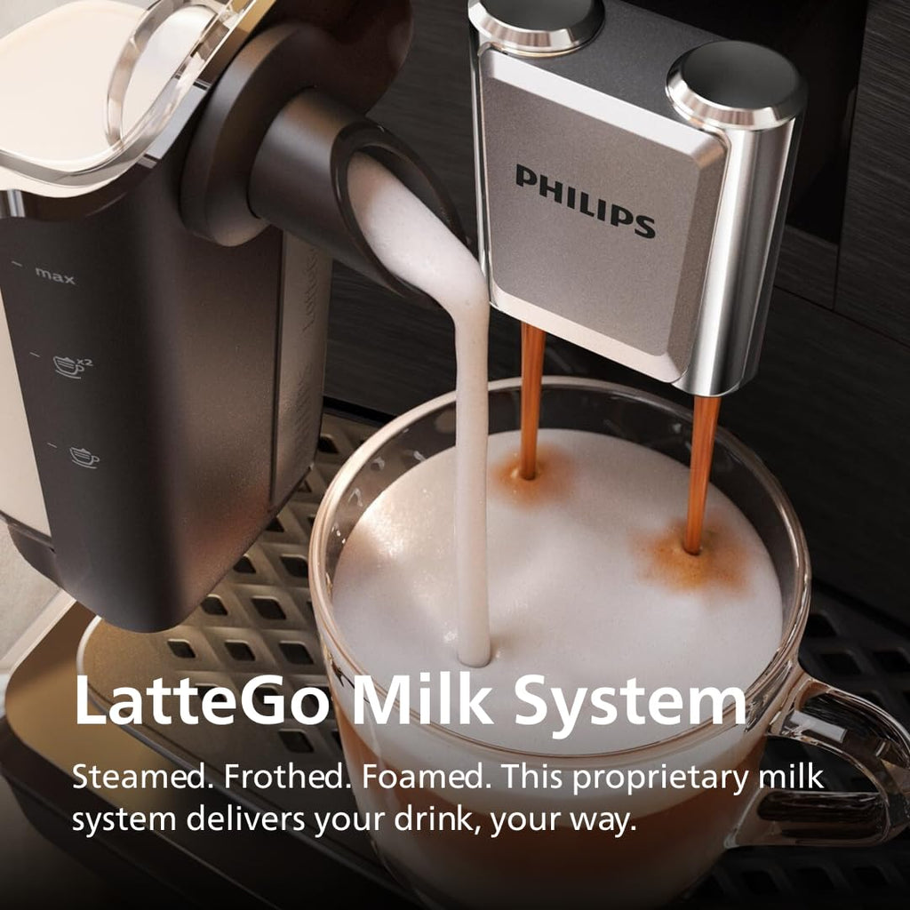 Philips 3300 Series Fully Automatic Espresso Machine with LatteGo Milk System and integrated grinder, 6 Hot & Iced Coffee Pre-Sets, 40% Quieter