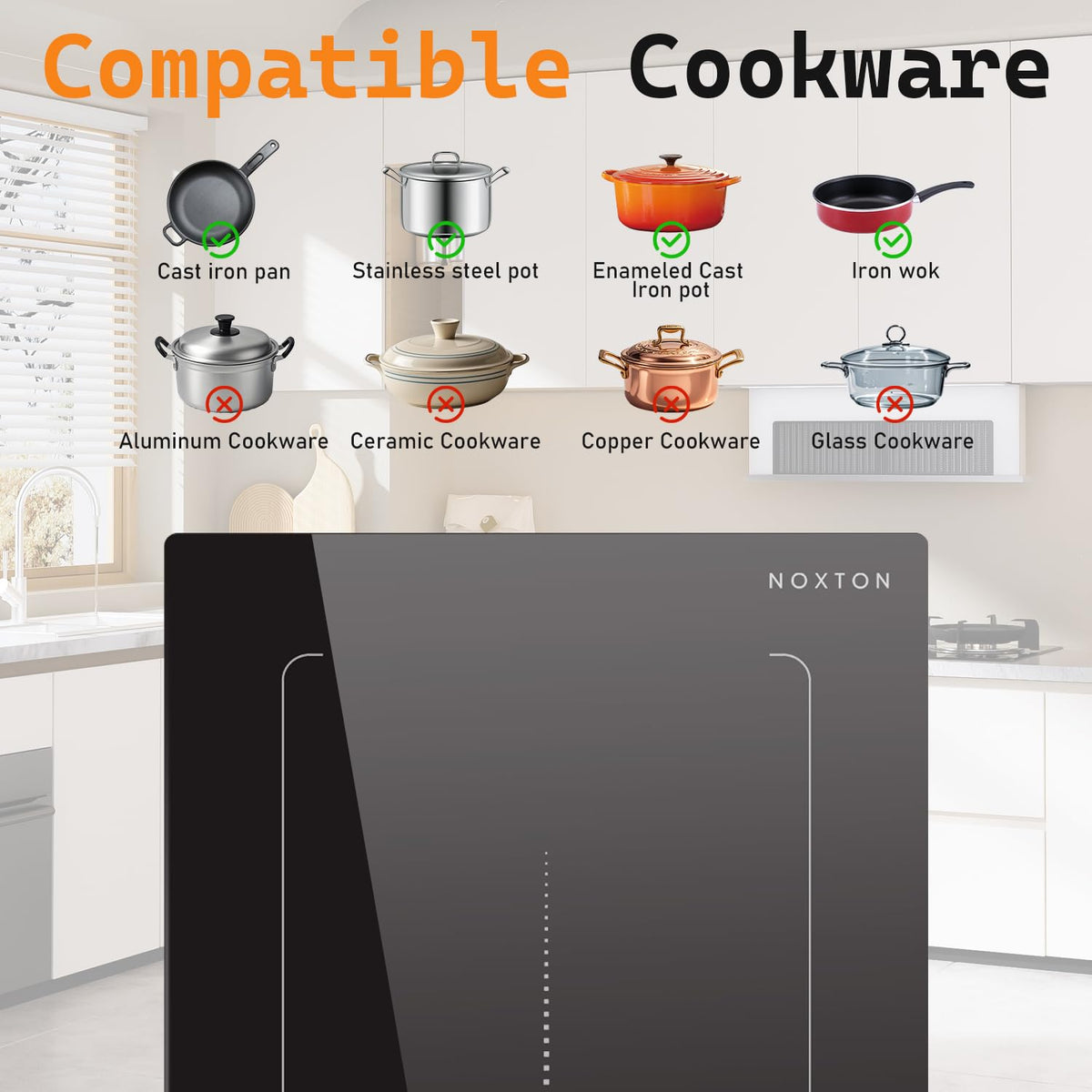 Noxton 24 Inch Induction Cooktop, 4 Burners Electric Cooktop, Upgraded Induction Stovetop with Flex Zone, Power Boost, Pause, 9 Power Levels, Child