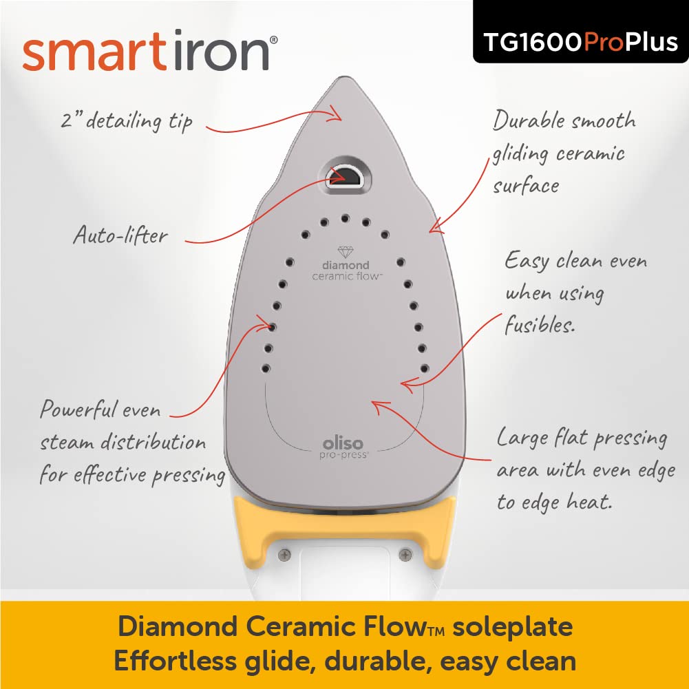 oliso TG1600 ProPlus Smart Iron with Auto-Lift C 1800 Watt Steam Iron for Clothes, Sewing, Quilting & Crafting C Diamond Ceramic-Flow Soleplate