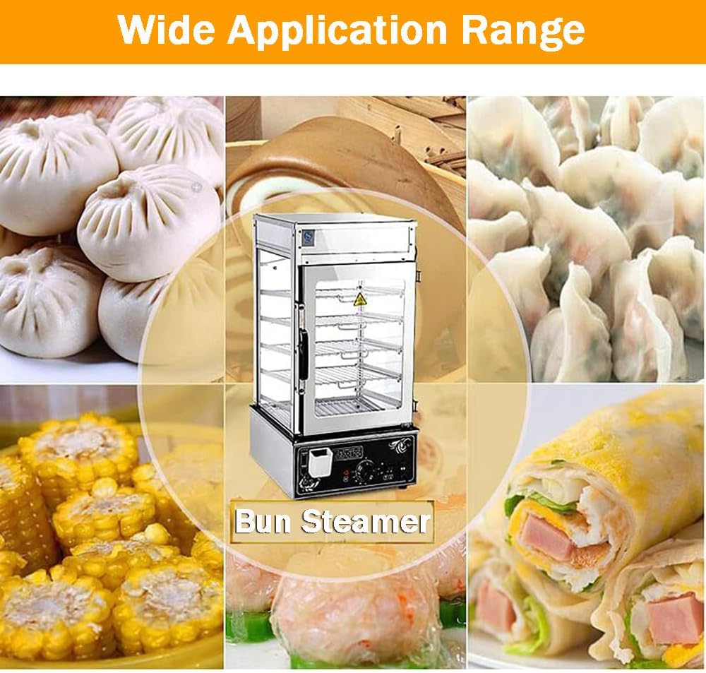 INTBUYING Commerical Bun Steamer Machine 110V Electric Hot Food Warmer Display Case Hot Dog Steamer Warmer with 5 Layers Automatic Temperature