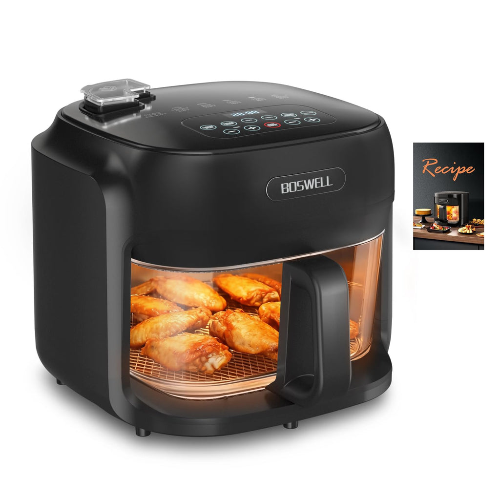BOSWELL Glass Air Fryer, 7.5QT Borosilicate Bowl with Circulating Heat, Digital Touchscreen, 400F Max Temp, Oil-Free Fryer with Mist Function