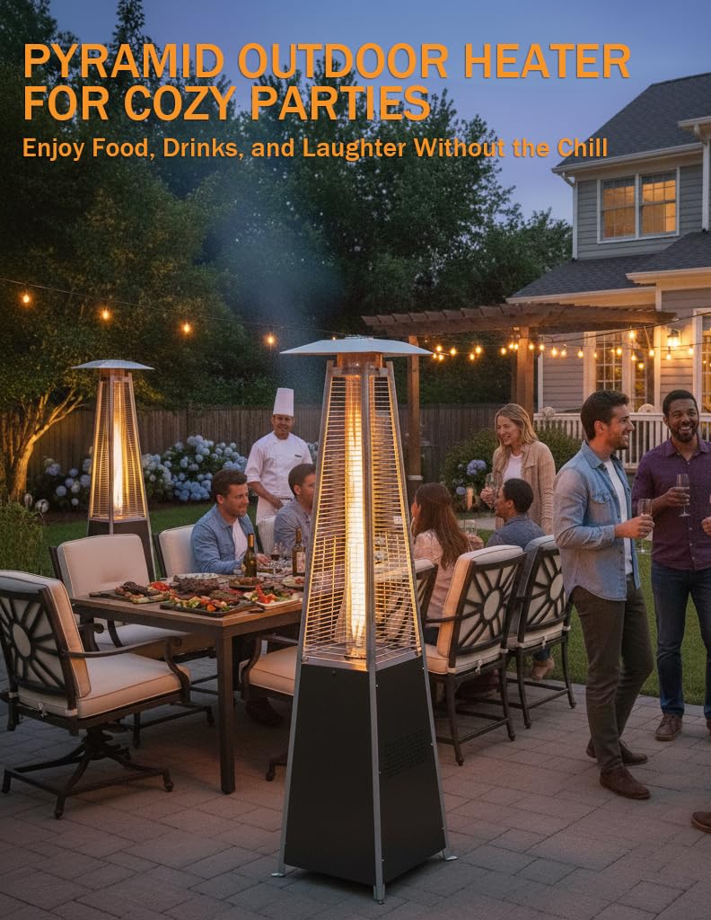 Pyramid Patio Heater, 48000 BTU Fast Heating Outdoor Heater for Large Spaces with Wheels & Weatherproof Cover, Triple Protection System for