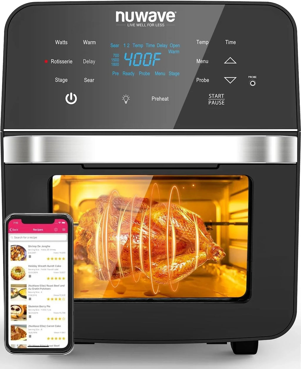 Powerful SS Fryer Integrated Oven, Thermometer Temp Basket 15.5Qt Brio 50F-425F Kit, &-Skewer Size, Rotisserie X-Large Smart Air 1800W, HOZO Controls, Family