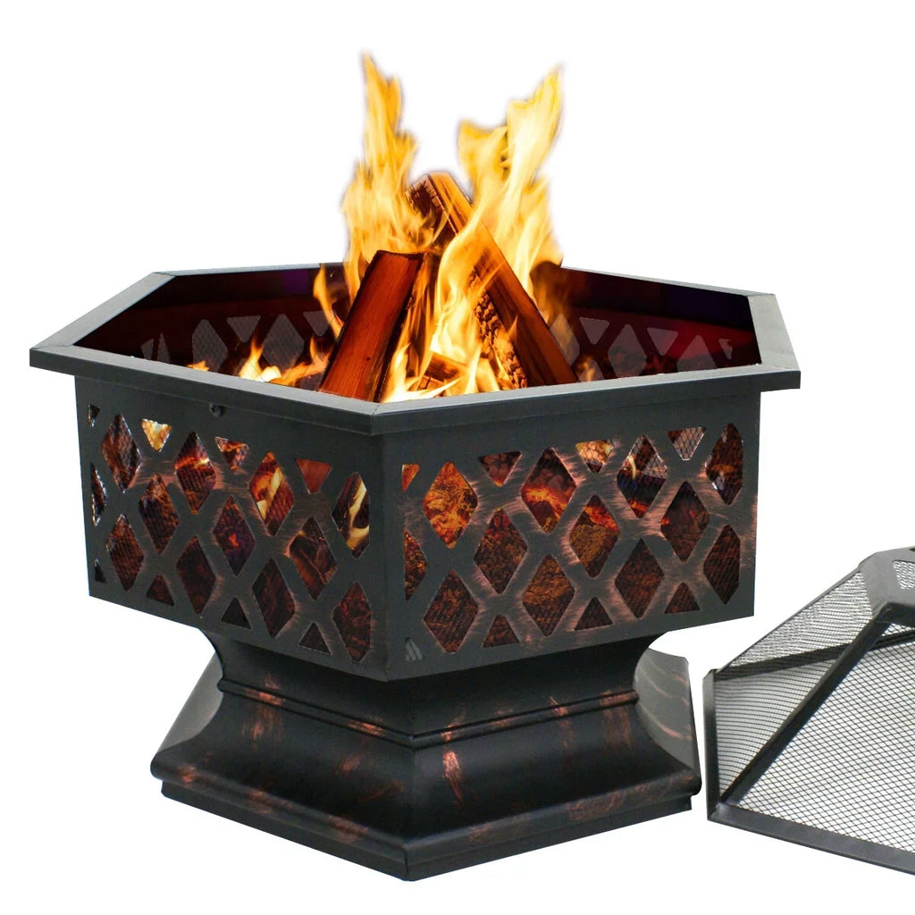Portable Black Pit - Bonfire Wood Lid, ZenSports Backyard, Hex-Shaped Outdoor 24’’ Pire W/Mesh Burning