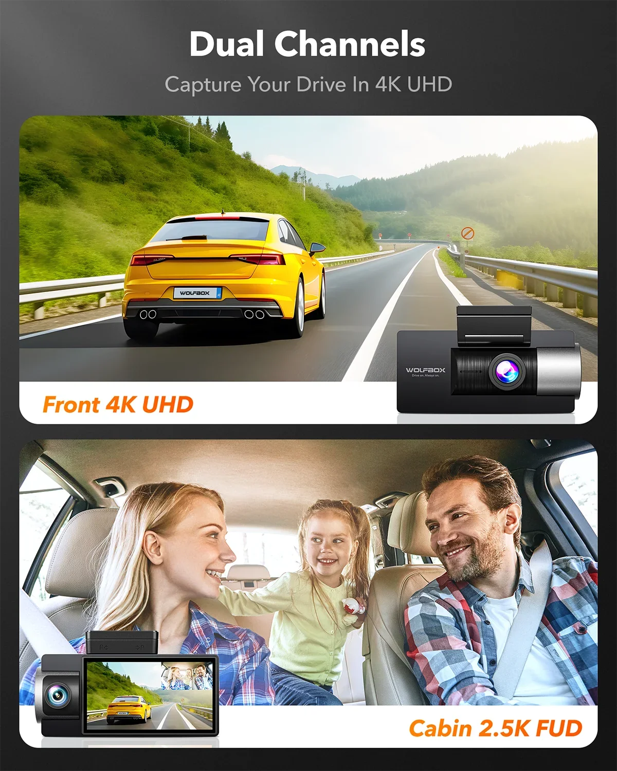 Rear, Dash Dual Camera with IR and 4K+2.5K Camera 3" Card, Dash Dash Vision, WiFi WOLFBOX Night with GPS, 5G Vehicle Cam Super Car LCD UHD Front Cam Built-in 4K 64GB