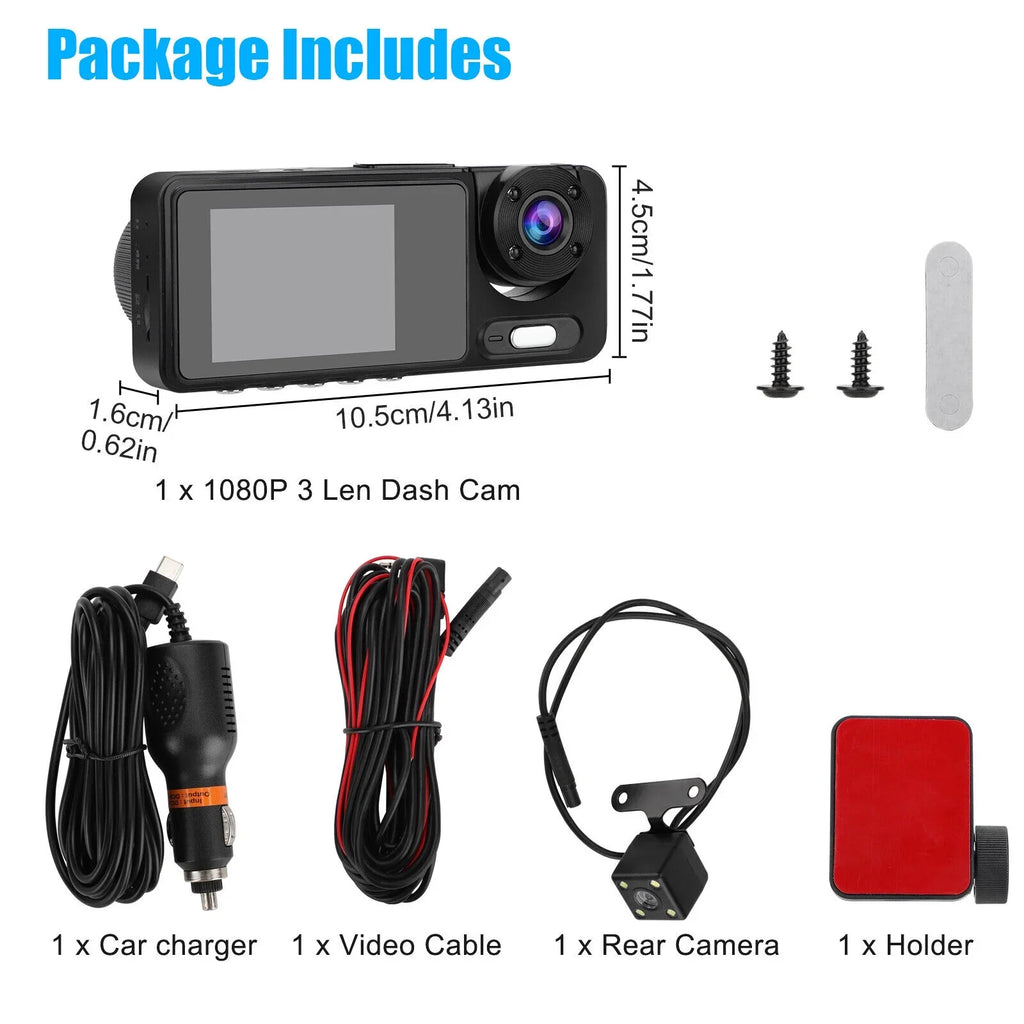 1080P 2" Dash G-sensor Recorder Front/Rear/Inside Dual Video Lens Camera Car HD