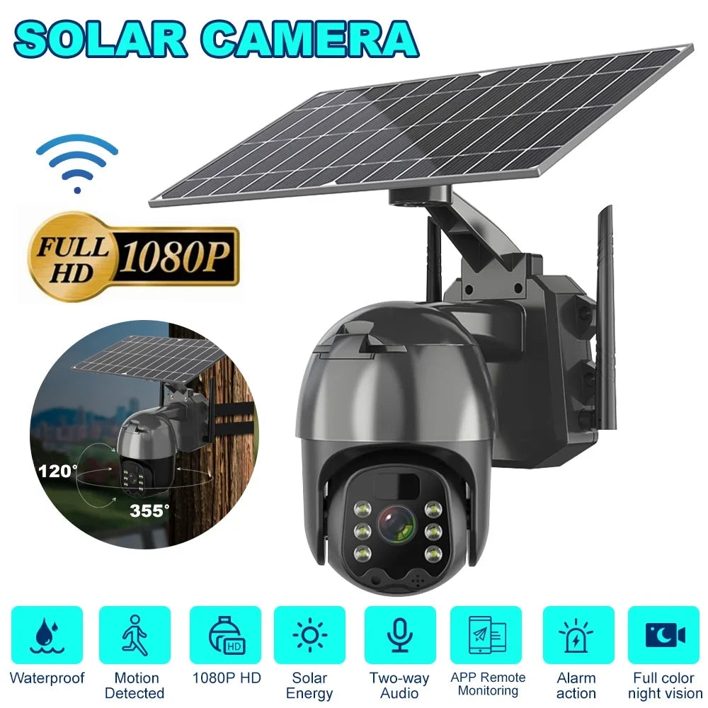 AI Solar WIFI HD PTZ Outdoor Wireless Audio, Detection PIR Security DFITO Camera, Liquidproof, Human Camera Security CCTV 1080P 2-Way Camera Detection, Motion Surveillance IP66