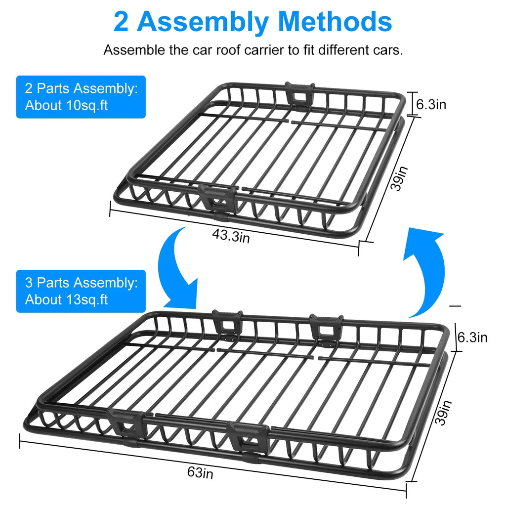Extension 220 Top Car Capacity and Hooks, with Rack Elastic 10 lb. Basket Luggage Cargo Universal Black Rack Net Roof Carrier, 63x39x6.3in, Basket, iMounTEK Roof