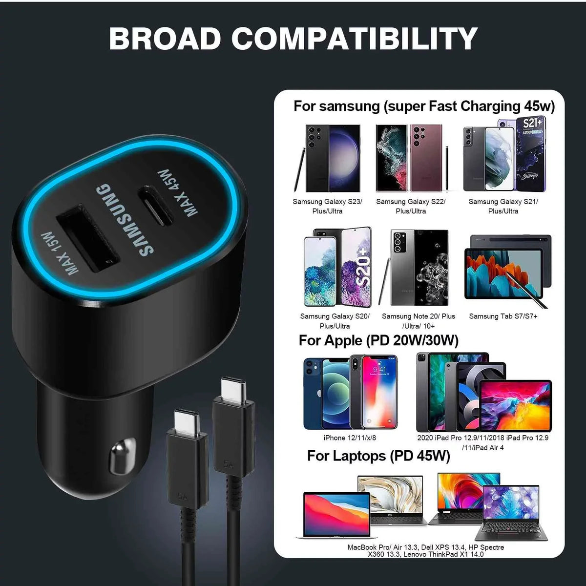 (2023) Car Super Usb Black Charger Two EP-L5300 Y700 Legion (45W+15W) for Ports Dual Fast Lenovo