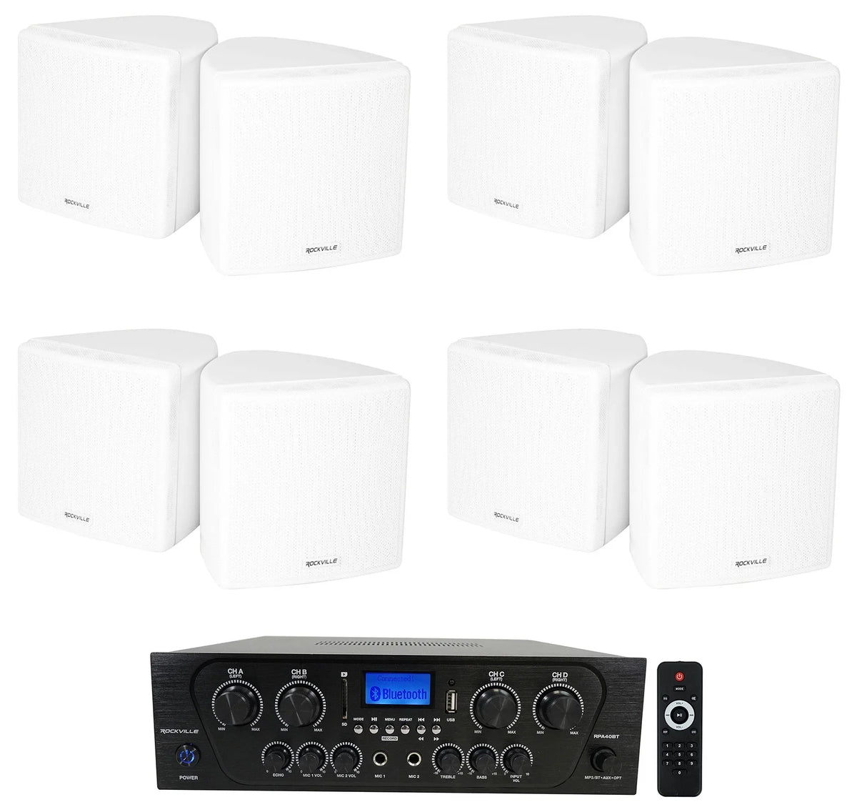 Wall Kit Home Rockville 4-Room Receiver+(8) Audio RPA40BT Cube Speakers White
